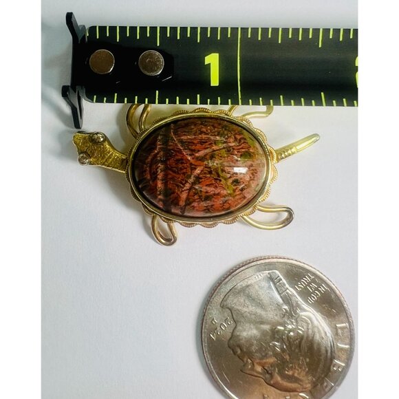 Vtg Krementz Gold-Turtle Brooch Pin Egyptian Revival Scarab 1.5" Unakite Brown - Picture 5 of 5